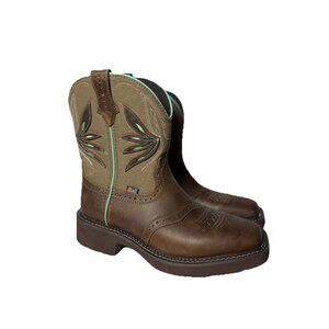 Justin Womens 8" Nettie Western Cowboy Brown Leather Boots Square Toe Sz 9B NEW